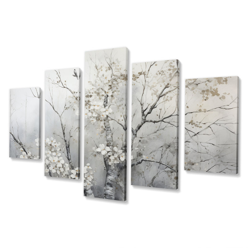 Arbre gris gris, rêverie monochrome - art mural floral, salon - 5 panneaux