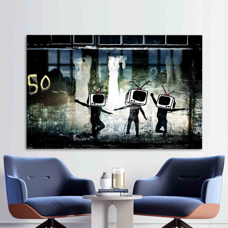 Art mural en verre trempé mettant en vedette le graffiti d'une télé dansante de Banksy, idéal pour la décoration moderne