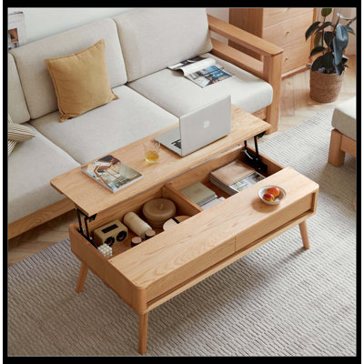 Table basse surélevée Table basse 100% bois de chêne massif avec plateau et plateau de table basse Largeur 120 x profondeur 65 x hauteur 45 cm Bureau d'étude facile à assembler