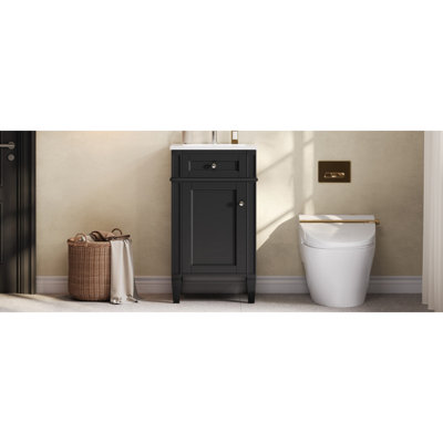 Ensemble de meuble-lavabo simple 18 po avec lavabo en céramique, ensemble de meuble-lavabo autoportant avec porte à fermeture douce, tablette réglable, style français, pieds pleins, noir