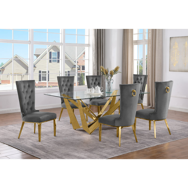 Lebanon Glass Top Trestle Dining Set, Dark Gray/Silver, 7