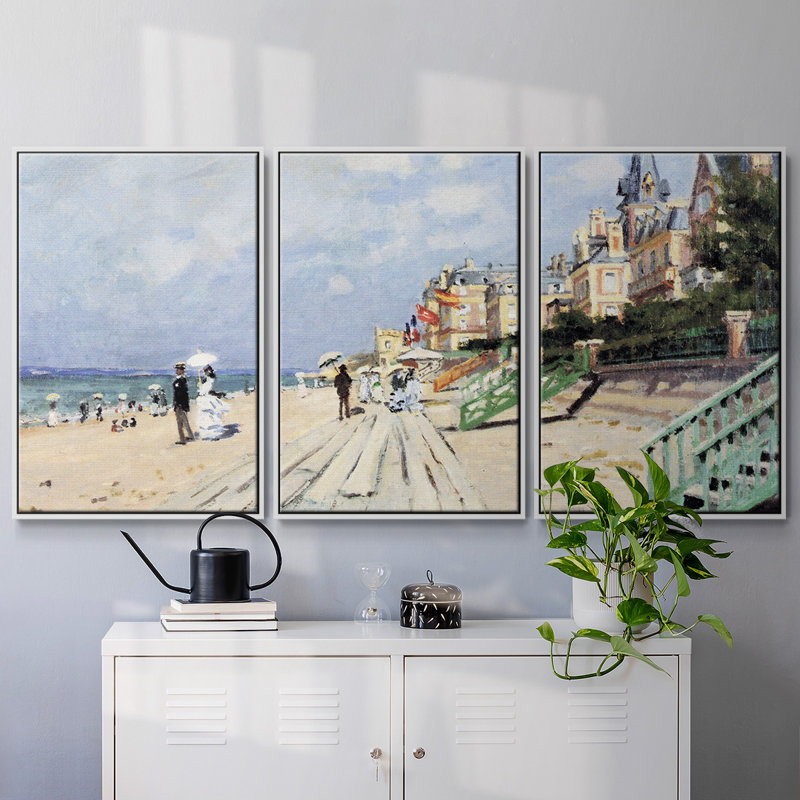 Plage à Trouville par Monet 3 pièces, H 24 po x l 48 po x P 2 po, Blanc