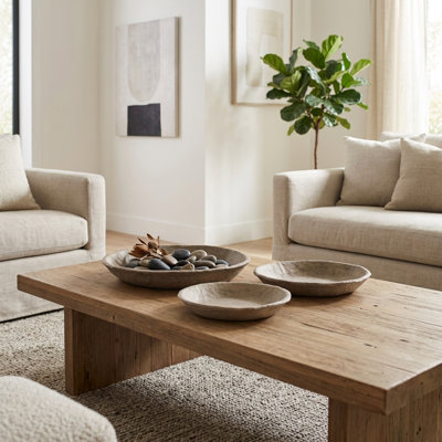 Bols ronds artisanaux en papier mâché pour la décoration intérieure - Bols décoratifs pour une cuisine moderne - Lot de 3, 48 cm, 38 cm, 33 cm, beige et gris