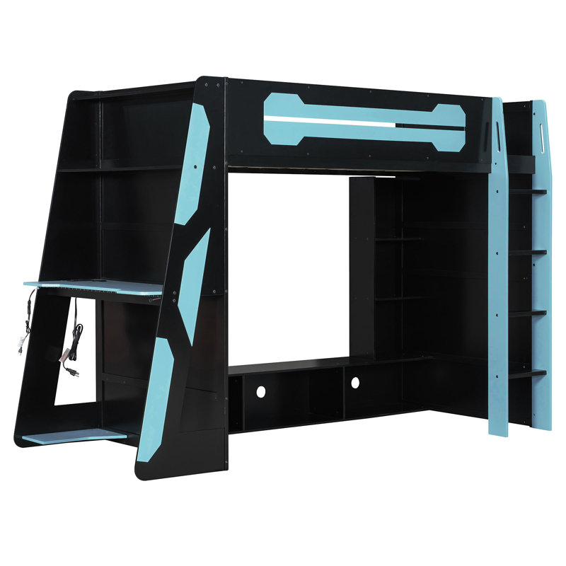 Lit mezzanine en bois avec bureau, Bleu, Lit simple