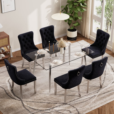 Ensemble de table de salle à manger rectangulaire moderne en verre trempé, table de salle à manger de luxe avec chaise de salle à manger en velours capitonné