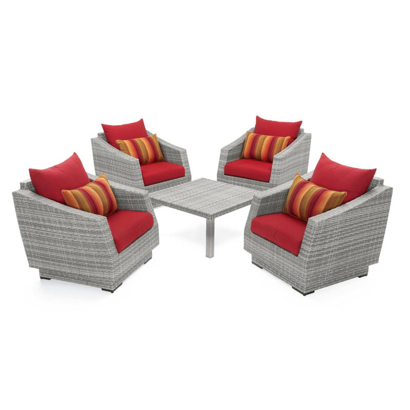 Fionnula 4 Person Rattan Sunbrella Seating Group with Cushions, Canvas Jockey Red Sunbrella® Canvas