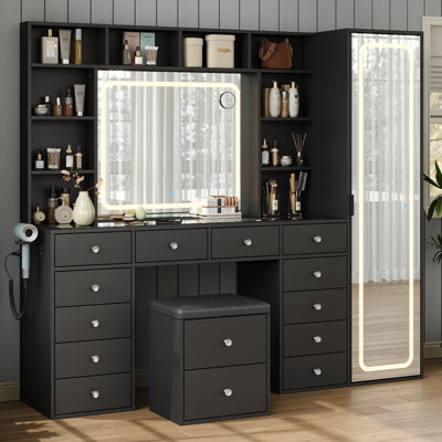 Desk Full Length Mirror & LED Mirror With Power Outlet, Makeup Jamair 12 Drawers And 10 Open Storage Shelves, Hidden Storage Capacity, Dimmable & 3 Color Lighting Dressing Table For Bedroom