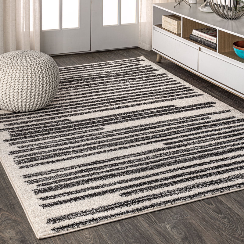 Augie Modern Berber Stripe Cream/Black Rug, Rectangle 7'9" x 10'