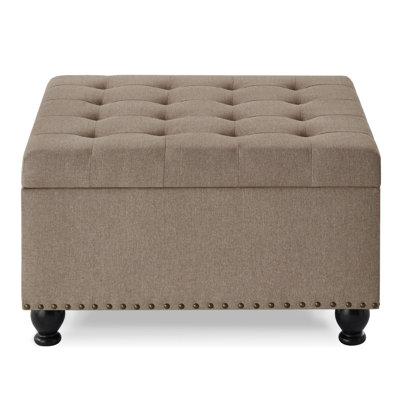 Storage With Black Linen Cover And Solid Wood Construction Legged Square Upholstery