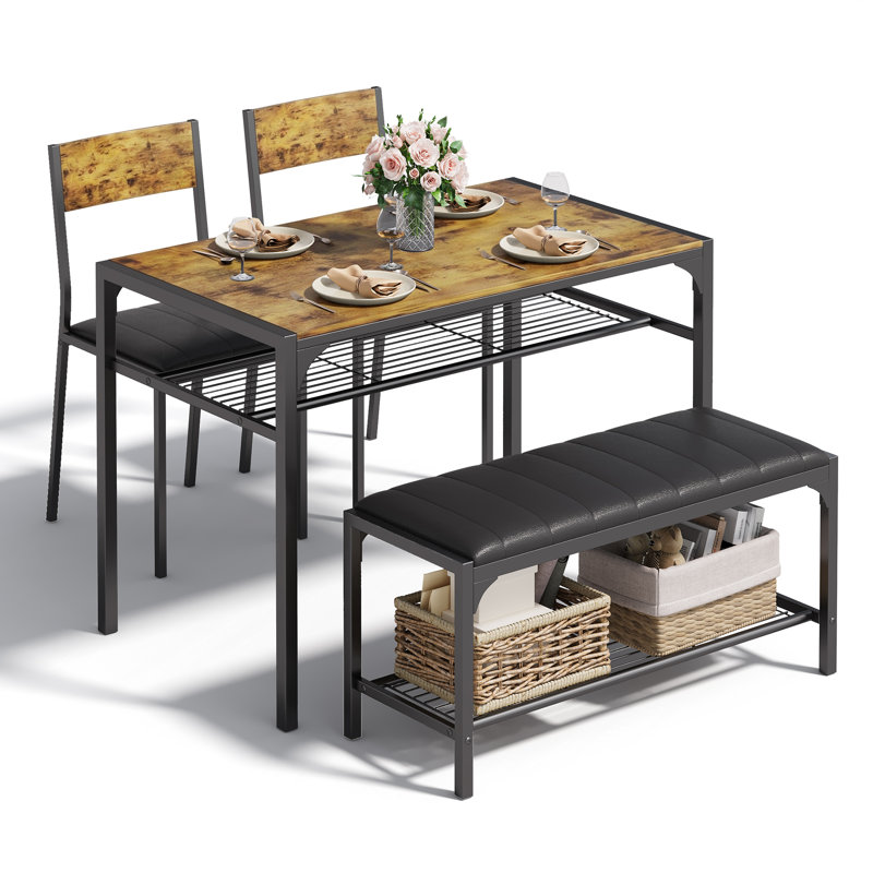 Tamajah 4-Piece 4-Person Upholstered Dining Table Set with Bench, 2 Chairs & Storage Shelves, Upholstered, Retro