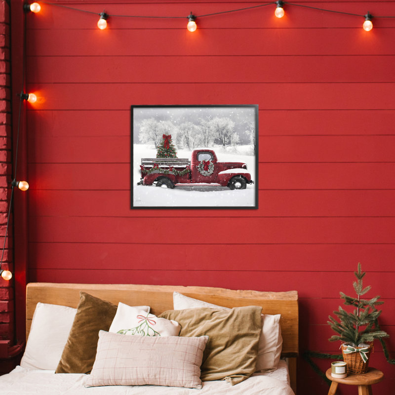 Guirlande de camion de Noël avec couronne, conception de Lori Deiter, H 11 po x l 14 po, Giclée encadrée noir minuit