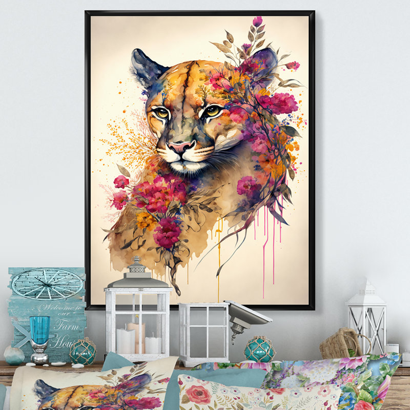 «Cute Puma Floral Art II», peinture sur toile, H 32 po x l 24 po x P 1 po, Toile avec cadre flottant noir