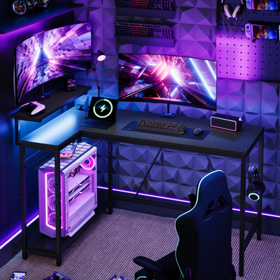Nedyo 52'' W L-Shaped Computer Desk with Power Outlet, LED Gaming Work Desk with Shelves