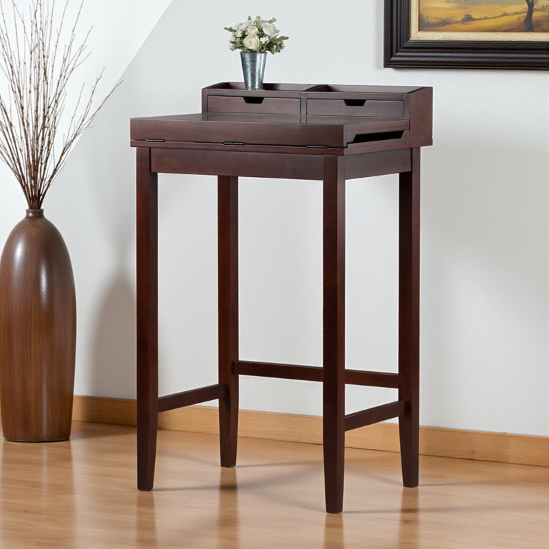 Bureau haut noyer brun avec rehausse et 2 tiroirs Remington, H 45,83 po x l 27,8 po x P 19,78 po