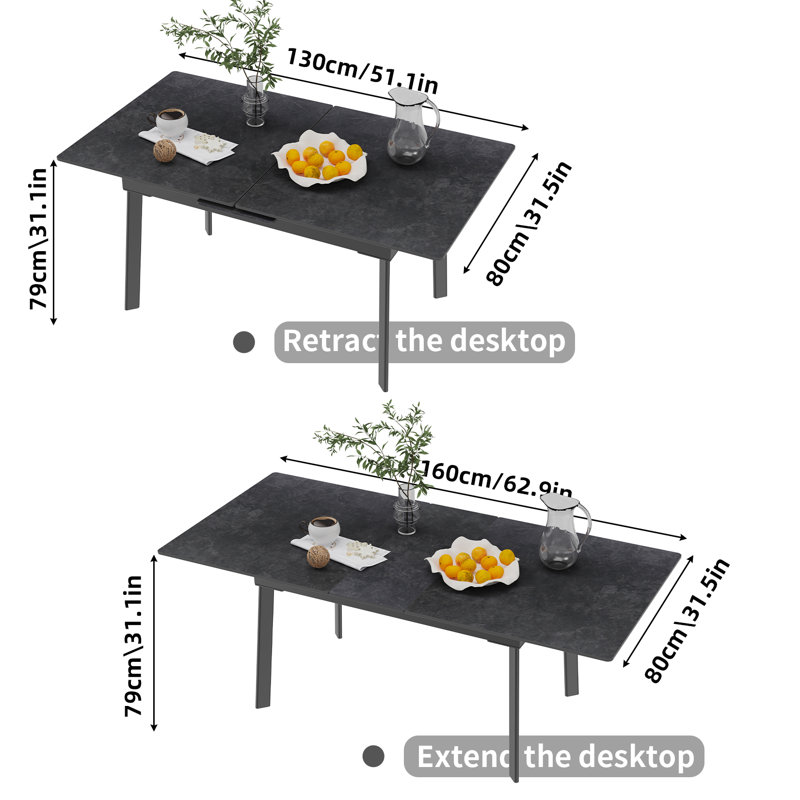 Valleau Extendable Sintered Stone Dining Table, Rectangular Kitchen Room Table, Stretchable, 31.1" H x 62.9" L x 31.5" W
