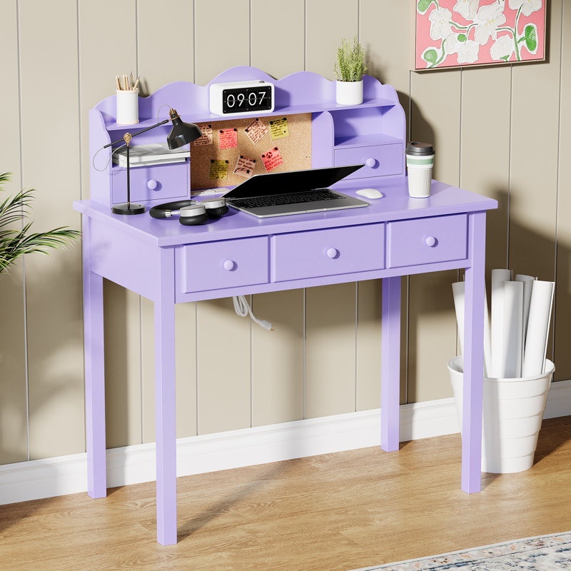 Bureau d'écriture 36,2 "en bois massif avec 3 prises de courant, Mauve