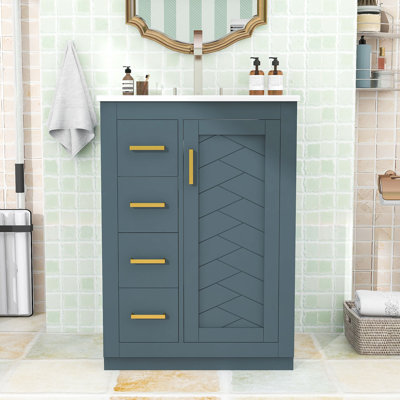 Modern Bathroom Vanity with Ceramic Basin, 3 Soft-Close Drawers and Storage Cabinet