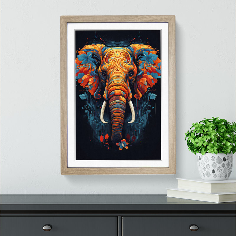 XYZ-FRM-V1223-629 Elephant Informel No.2 - Single Picture Frame Print on Wood, Oak, 64cm H x 46cm W x 2cm D