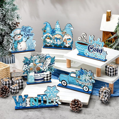 Décorations de table d'hiver en bois - Bleu et bois naturel - Motif flocon de neige, bonhomme de neige et gnome / Centre de table rustique / Décoration de maison de campagne et de bureau