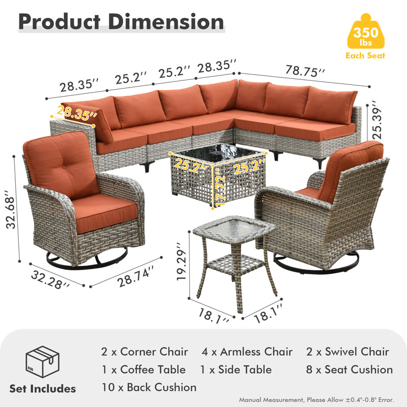 Ensemble de conversation modulaire en osier / rotin pour 8 personnes avec table basse éclairée et chaises pivotantes, ensemble de conversation modulaire d'extérieur avec coussins Emroy