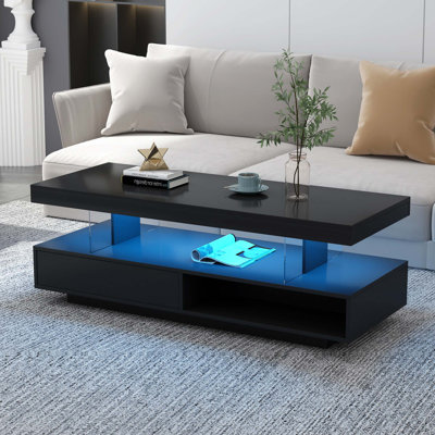 Table basse moderne à DEL avec 2 tiroirs et tablettes