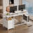  Computer Desk 47 in. with Power Outlets Gaming Desk with Drawer, 2 Monitor Stands, White/Rustic Brown-769535441-769535446