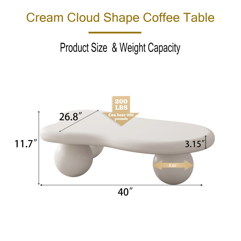 40 Inch Cloud Shaped Coffee Table With 3 Ball Legs For Living Room, Cream White, White, 11.7" H x 40" L x 26.8" W