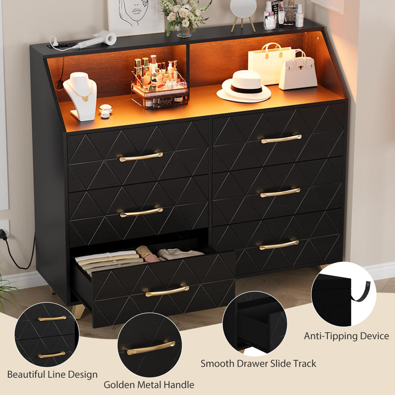 6 Drawers Dresser For Bedroom, With Charging Station And LED Lights, Black