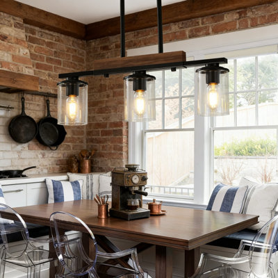 Modern Farmhouse Chandelier With Wood And Metal Design, 3-Light Pendant Fixture For Kitchen Island And Dining Room, Adjustable Height With Clear Glass Shades
