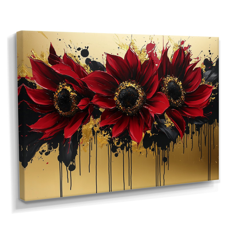 «Vibrant Fiery Garden of Absract Sunflowers II» - art mural tournesols, H 30 po x l 40 po, Toile tendue, Ne s’applique pas