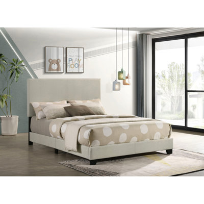 Lit double rembourré crème avec tête de lit rembourrée, mousse et matériau, pieds en bois massif noir pour panneau de chambre à coucher avec cadre en bois d'hévéa