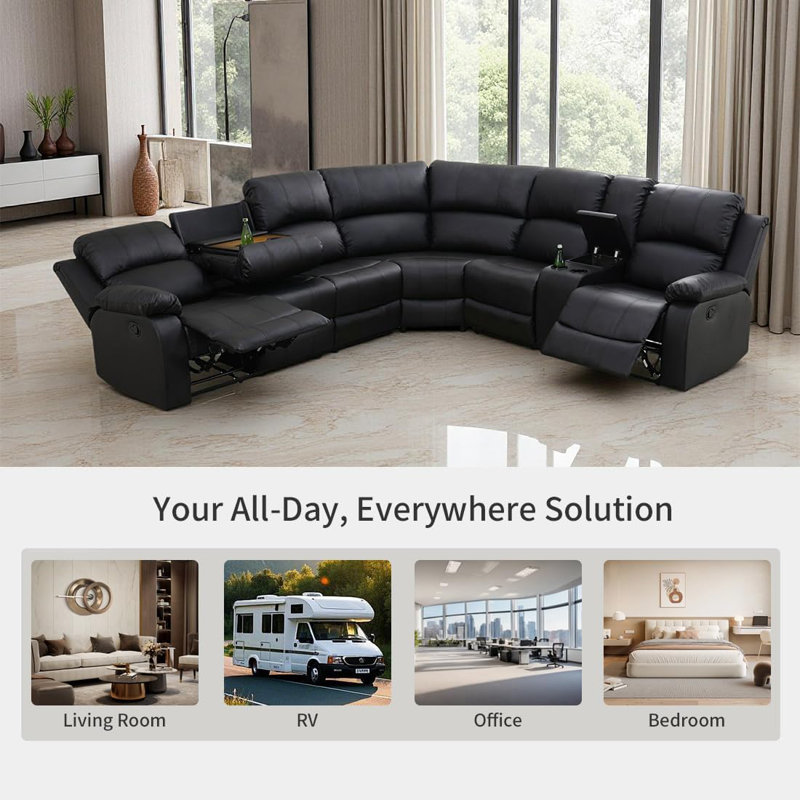 Living Room Furniture Sets,leather Reclining Sectional Sofa Set With 2 Manual Recliners, 6-seat L-shaped Corner Couch With Hidden Table/storage Console/cup Holders, Perfect For Living Room/home Theater
