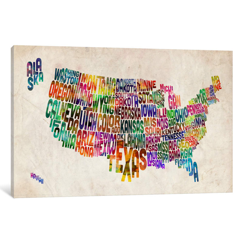 Typographic Text Usa (States) Map by Michael Tompsett - Print on Canvas, 20.32 cm H x 30.48 cm W, Wrapped Canvas