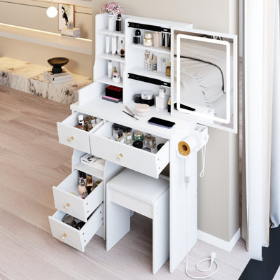Coiffeuse de 29,2 po et tabouret rembourré Orestis, 2 ports de recharge AC + 2, support pour sèche-cheveux, grand miroir à DEL tactile avec réglage de la luminosité de trois couleurs, convient à