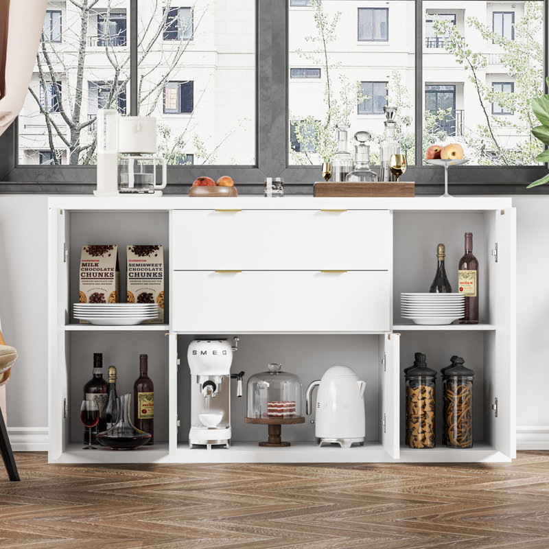 56” W Sideboard Buffet with 2 Drawers, Storage Cabinets, Buffet Table with Adjustable Shelves, White