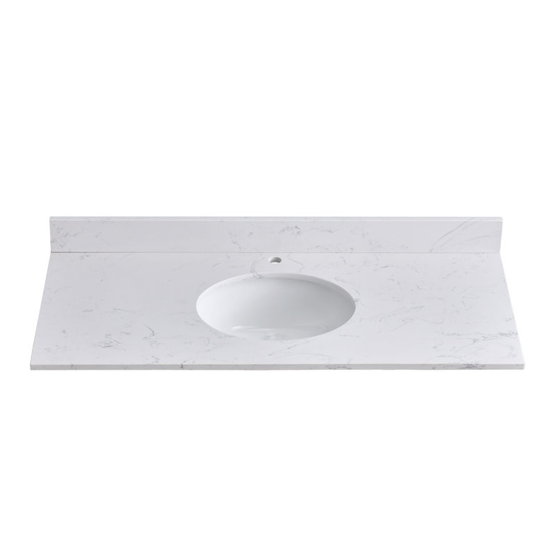 48" Engineered Stone Single Bathroom Vanity Top In Carrara White With Sink Faucet Hole/Backsplash/Overflow (Top Only)