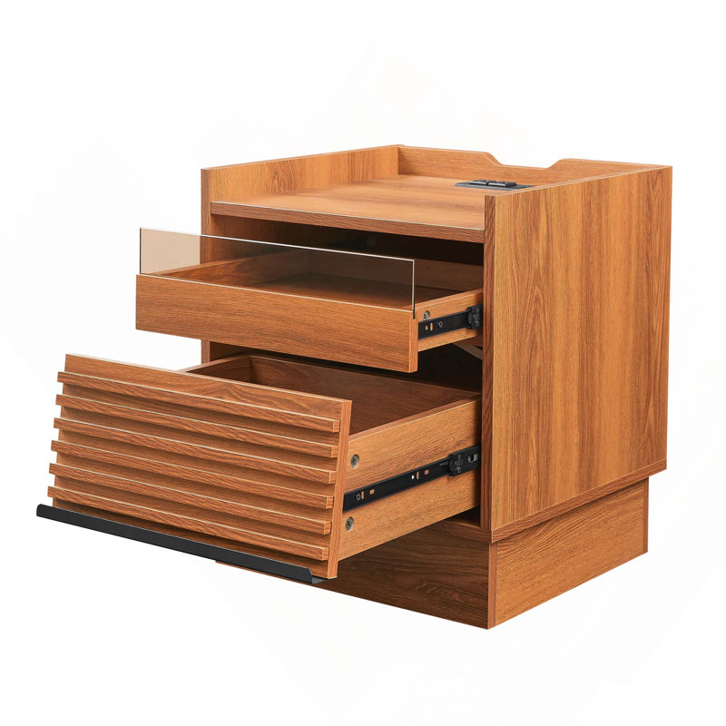 Mid-Century Modern Nightstand With 2 Drawers, Charging Station, LED Lights And Quick Assembly, Yellow