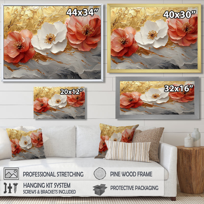 Pivoines dorées rouges sur l'horizon de marbre I - pivoines, art mural, H 12 po x l 20 po, Cadre flottant, Doré