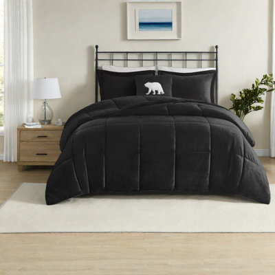 Plush To Sherpa 4 Piece Bedding Sets, Full Queen Black, Modern Cozy Home
