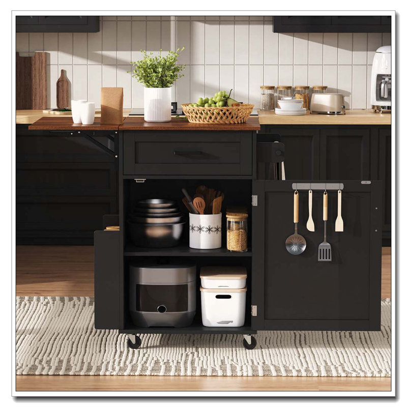 39.3" Farmhouse Kitchen Island with Drop Leaf & Open Side Rack, Black