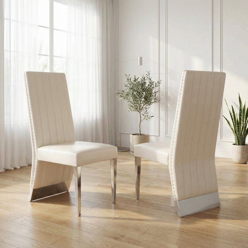 Chaises de salle à manger en cuir blanc, Argent argent