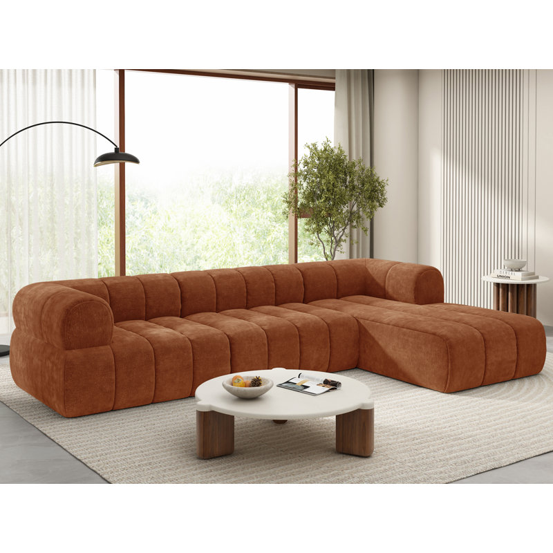 L-Shaped Upholstered Sectional, Orange Polyester