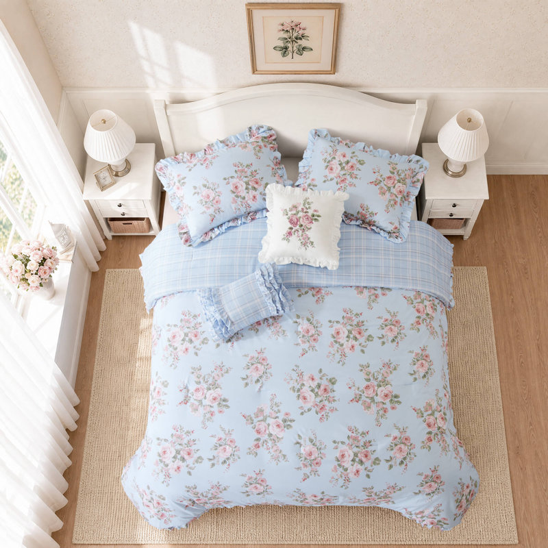 Checkered and Floral Comforter Set