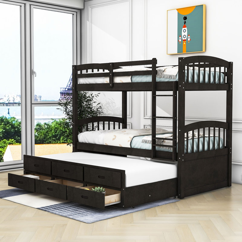 Atalfo Kids Twin Over Twin Bunk Bed with Trundle with Drawers, Espresso