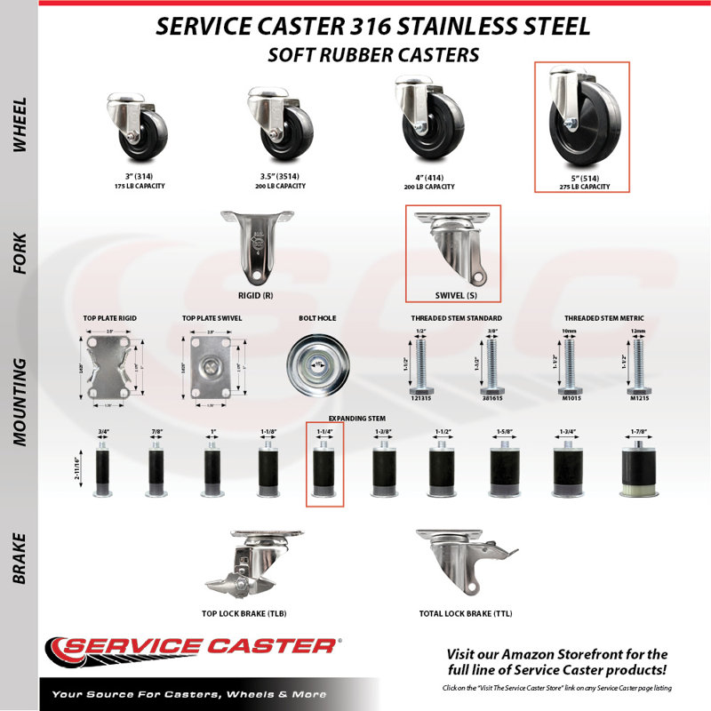 Ensemble de roulettes extensibles en caoutchouc 316S