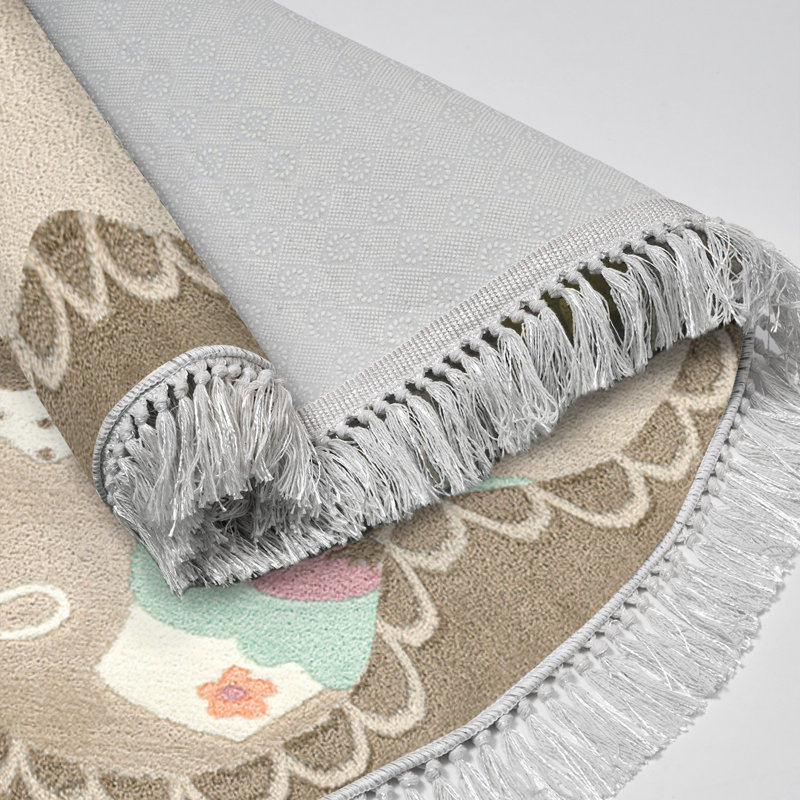 Tapis rond en polyamide tissé à la machine en brun, Rond 3 pi 11 po