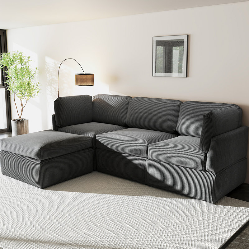 Canapé modulaire réversible de coin à 4 places avec repose-pieds Joko, Velours côtelé gris pâle