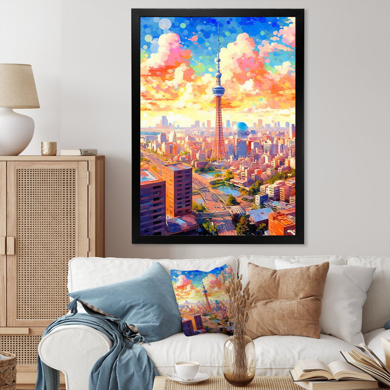 Popart Misty City Cityscape sur toile, H 44 po x l 34 po x P 1,5 po, Cadre simple noir
