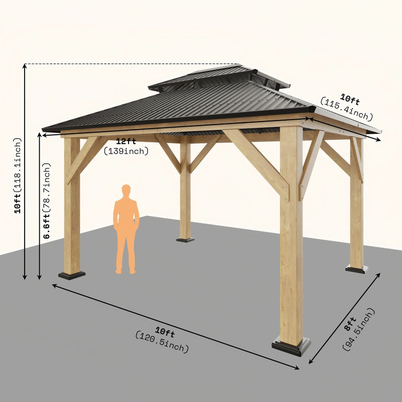 Pavillon de jardin en bois massif à toit double, gris foncé, 10 pi x 12 pi