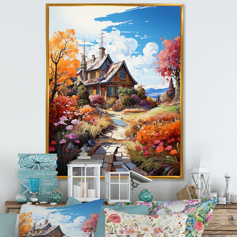 Fall Retreat Cottage Landscape 3 - Art mural paysage, Cadre photo noir, H 32 po x l 16 po